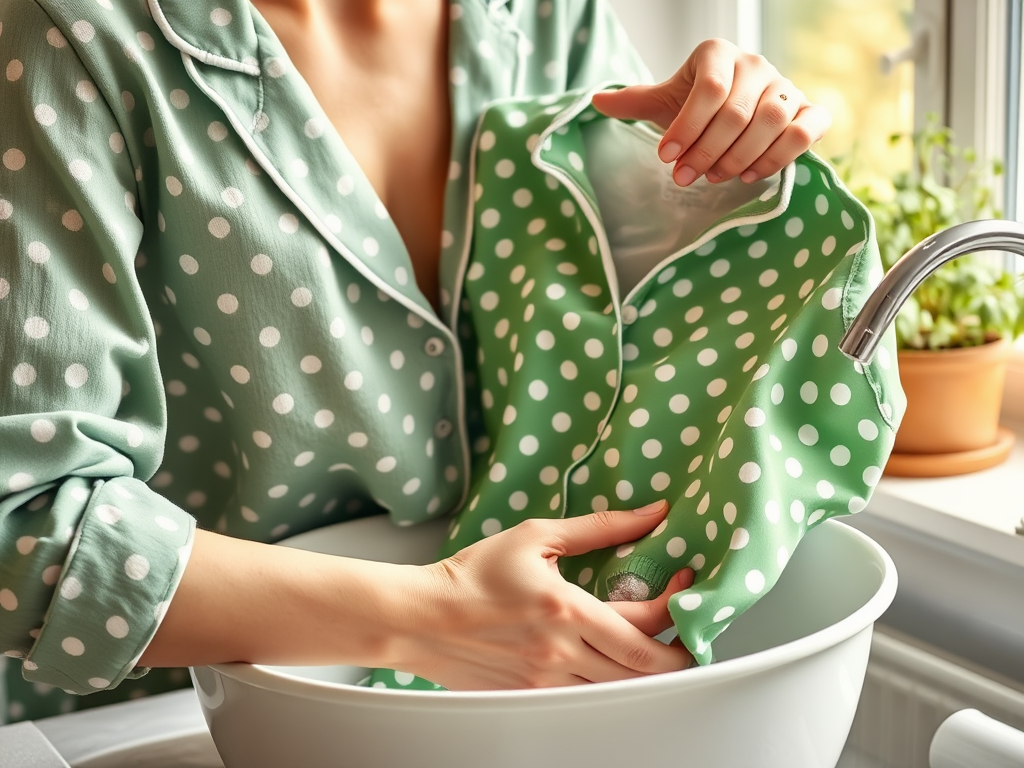 Une personne lave un vêtement à pois vert dans un évier, avec des plantes en pot en arrière-plan.