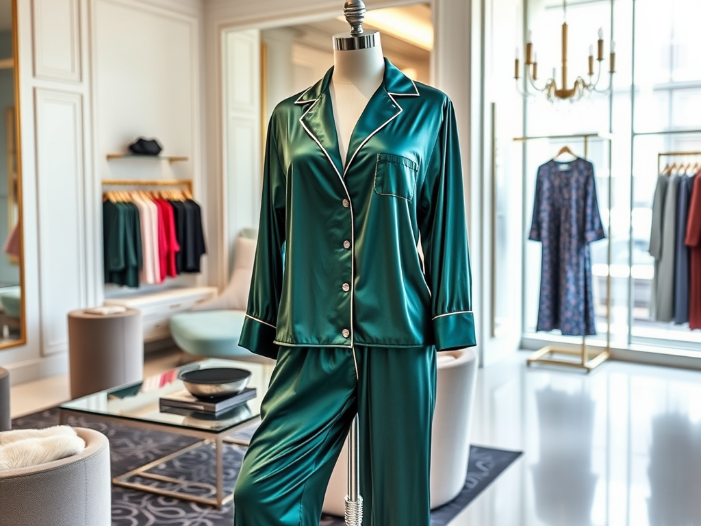 Un mannequin porte un pyjama en satin vert dans une boutique élégante, entouré de vêtements colorés.