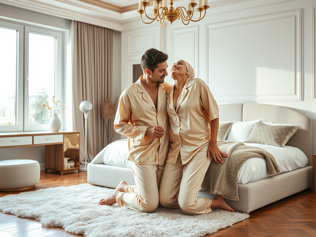 Un couple souriant en pyjama doré, s'amusant dans une chambre lumineuse et élégante. Ambiance chaleureuse et intime.