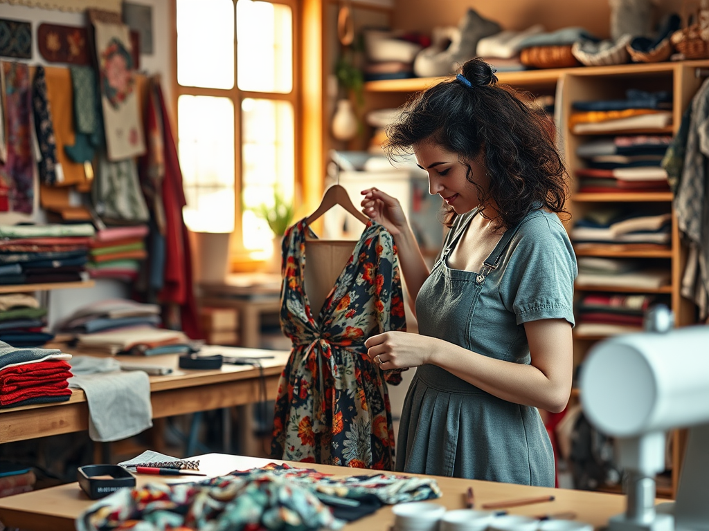 Une femme souriante examine une robe colorée dans un atelier de couture, entourée de tissus variés.