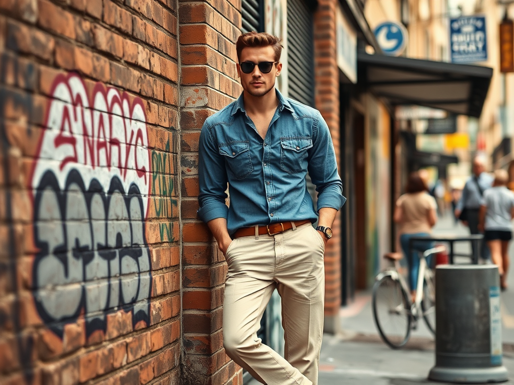 Un homme au style décontracté porte une chemise en denim et des lunettes de soleil, adossé à un mur en briques.