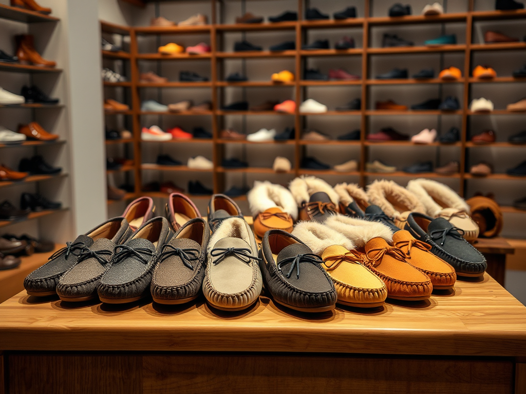 Différentes paires de chaussures élégantes en cuir, exposées sur un comptoir en bois dans un magasin.