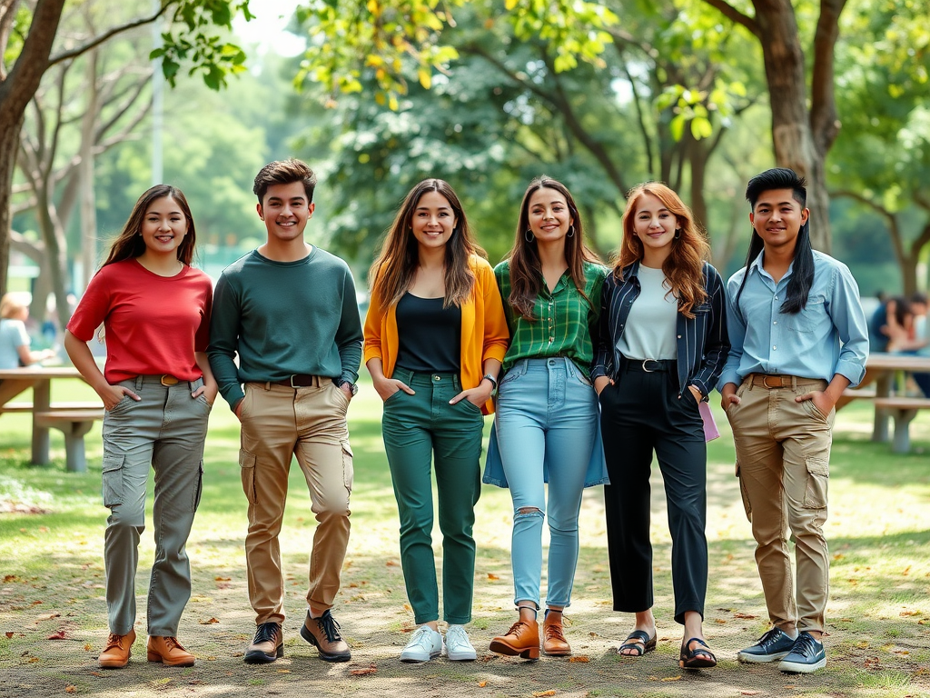 Un groupe de six jeunes souriants se tient dans un parc, vêtus de styles décontractés et colorés.