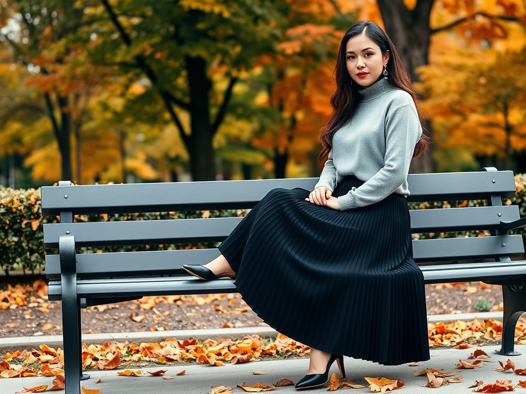 Une femme assise sur un banc dans un parc, entourée d'arbres aux feuilles d'automne colorées.