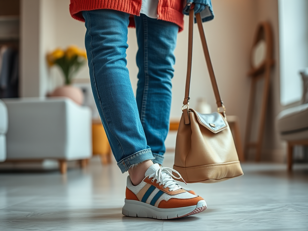 Une personne porte des jeans et des chaussures colorées tout en tenant un sac à main en cuir. Ambiance cosy.