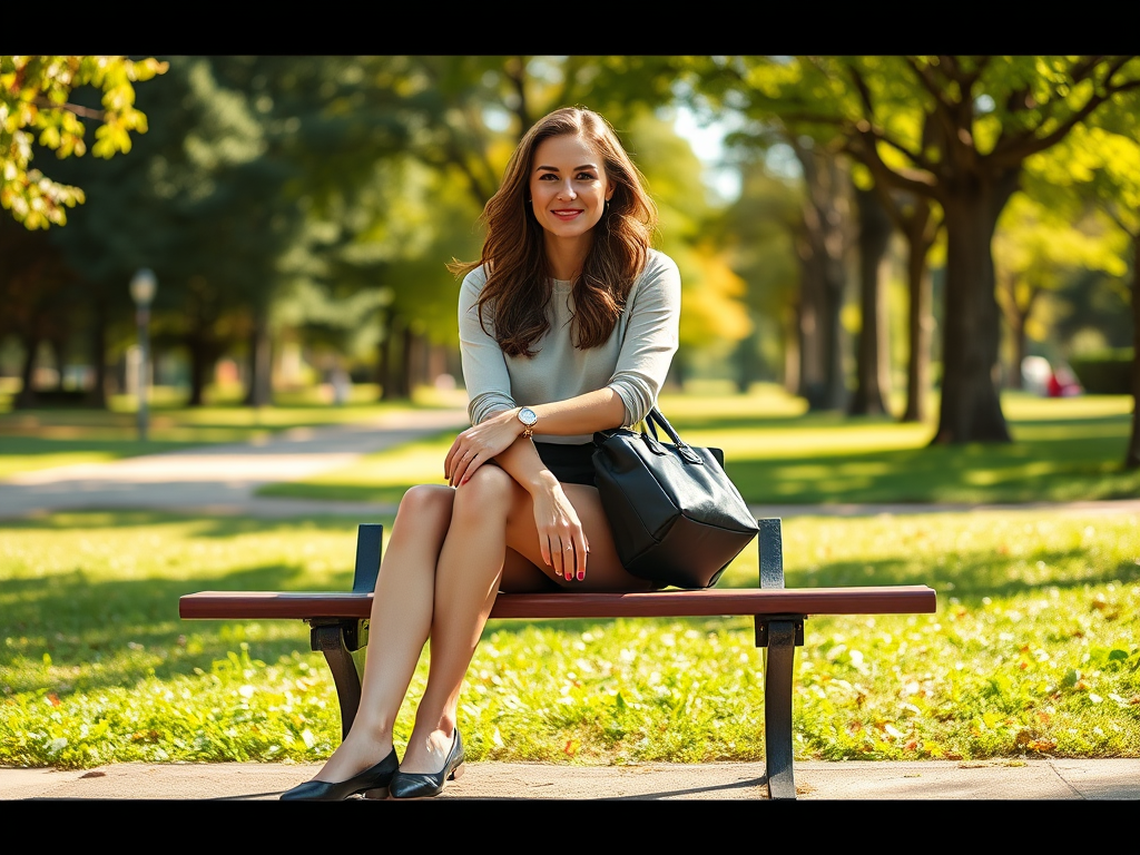 Une femme souriante est assise sur un banc dans un parc verdoyant, tenant un sac à main noir.