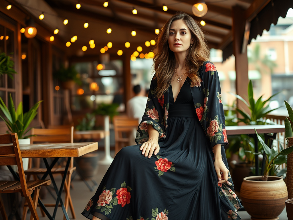 Une femme porte une robe florale dans un café, entourée de plantes et de lumières suspendues.