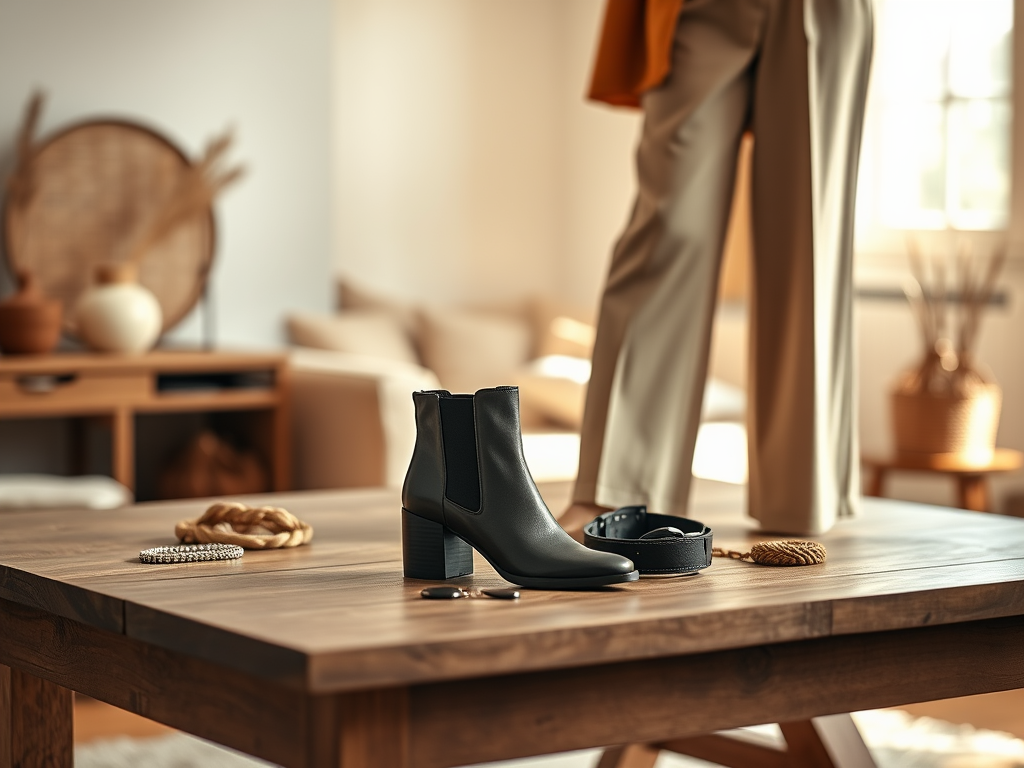 Une table en bois avec des bottines noires, un pantalon beige et des accessoires de mode sur un fond chaleureux.