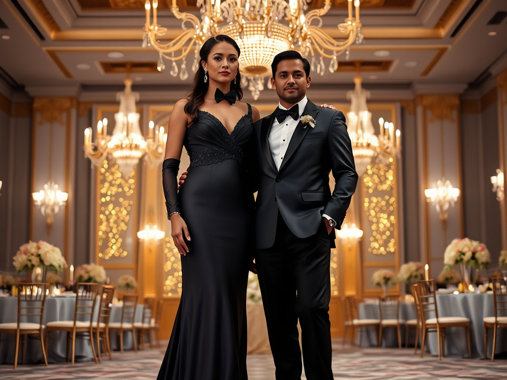 Un couple élégant pose dans une salle de fête, illuminée par des chandeliers, avec des tables décorées en arrière-plan.