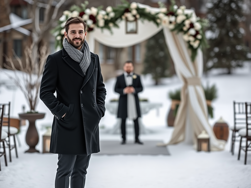 Un homme souriant en manteau noir pose devant une scène de mariage en plein air dans la neige.