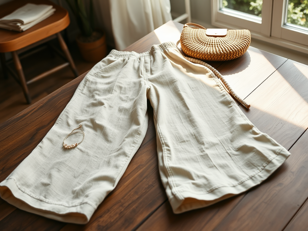 Un pantalon ample beige, un bracelet doré et un petit sac en osier sur une table en bois à la lumière naturelle.