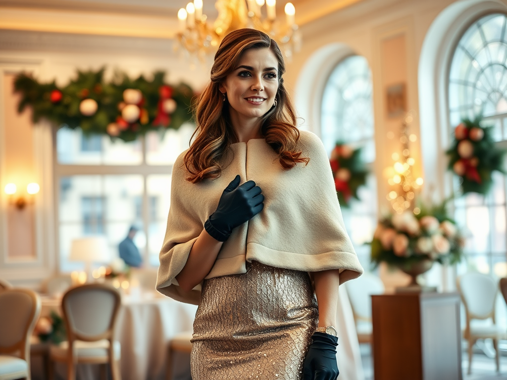 Une femme élégante porte un manteau, des gants et un sourire dans un cadre festif décoré pour les fêtes.