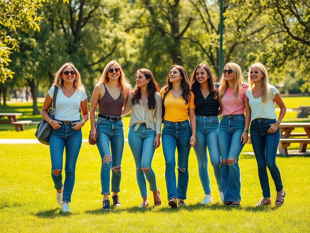 Un groupe de huit filles souriantes marche ensemble dans un parc ensoleillé, habillées en jeans et t-shirts colorés.