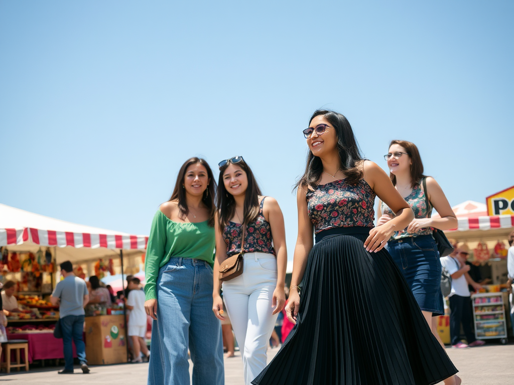 Quatre femmes souriantes se promènent dans un marché, entourées de stands colorés sous un ciel ensoleillé.