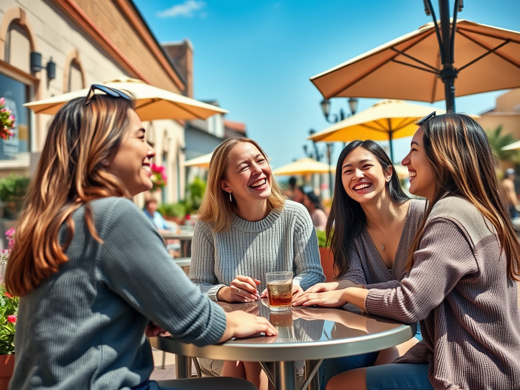 Quatre amies rient ensemble autour d'une table en extérieur, sous des parasols, par une belle journée ensoleillée.