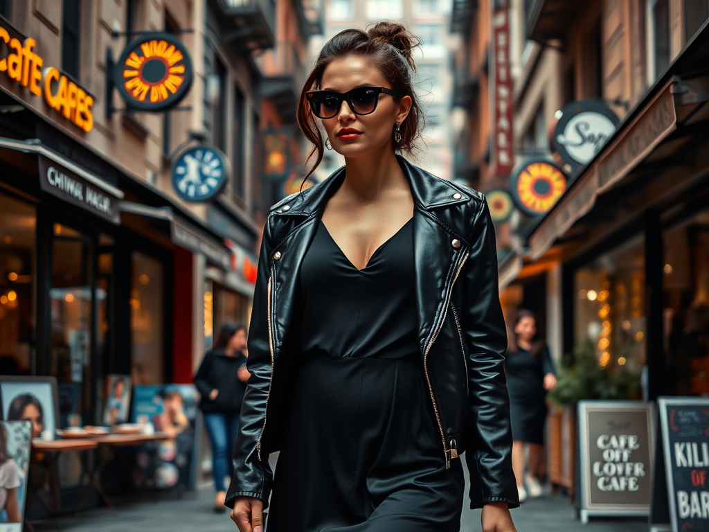 Une femme au style moderne se promène dans une rue animée, portant une veste en cuir et des lunettes de soleil.