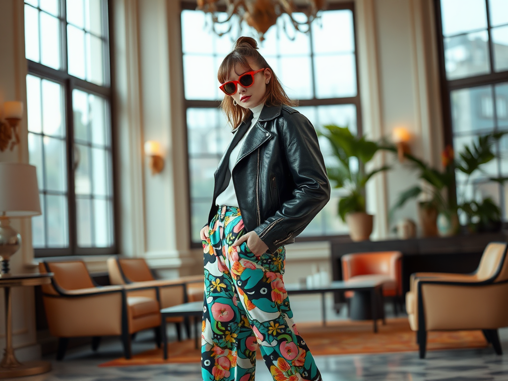 Une femme avec des lunettes de soleil, en veste en cuir et pantalon fleuri, pose dans un intérieur élégant.