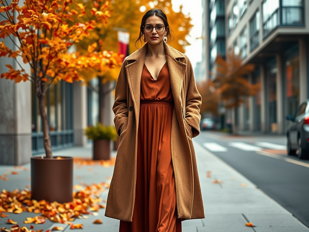 Une femme élégante porte une robe brune et un manteau beige, se tenant dans une rue bordée d'arbres aux feuilles dorées.