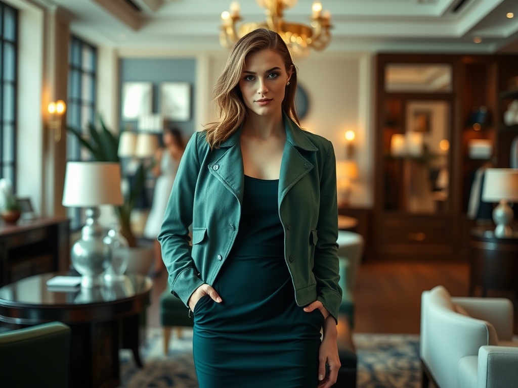 Femme élégante en veste verte dans un salon lumineux, entourée de meubles modernes et de décorations raffinées.
